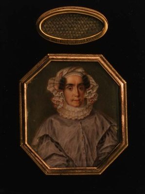 Portret van Praskovya Mikhailovna Tolstaya (1777-1844), met een haarlok in een rooster, ca. 1844 door School Russian