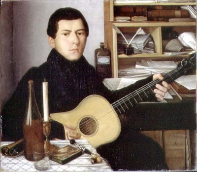 Portret van een jonge man met een gitaar, ca. 1830 door School Russian