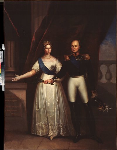 Portretten van keizer Alexander I (1777-1825) met zijn vrouw (Elisabeth Alexeievna, geboren prinses Louise Augusta van Baden) door School Russian