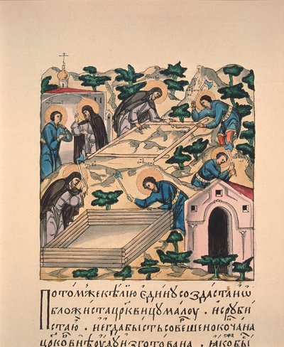 Sint Bartolomeüs en zijn broer Sint Stefanus bouwen de kerk ter ere van de Heilige Drie-eenheid op de Makovets-berg door School Russian