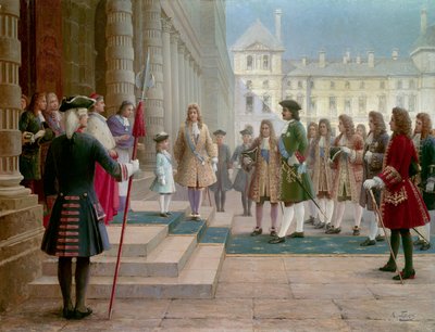 Tsaar Peter de Grote (1672-1725) verwelkomd door Lodewijk XV als kind in Versailles in 1717 - Schilderij door Gorsky (19e eeuw) door School Russian