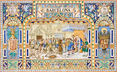 Aankomst van Christoffel Columbus in Barcelona in 1493 aan het hof van koning Ferdinand II en koningin Isabella I van Castilië (keramische tegels) door School Spanish