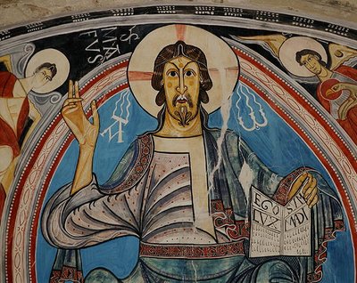 Christus in majesteit geflankeerd door serafijnen en symbolen van de evangelisten, kopie van 12e-eeuws origineel door School Spanish