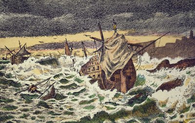 Vernietiging door stormen van de onoverwinnelijke Spaanse Armada, gestuurd door koning Filips II tegen Engeland in 1588 door School Spanish
