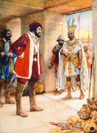 Hernan Cortes Maakt Montezuma tot Gijzelaar in 1519 door School Spanish