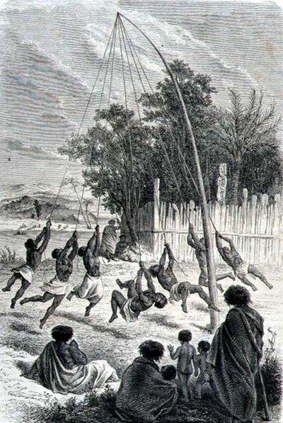 Maori-krijgers spelen op een schommel, illustratie uit 