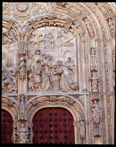 Geboorte detail van gotische platereske gevel door School Spanish