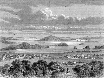 Uitzicht op de Haven van Auckland, illustratie uit 