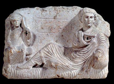 Begrafenisreliëf in kalksteen van Taime en zijn vrouw. uit Palmyra. 200 AD. Parijs, Louvre Museum door School Syrian
