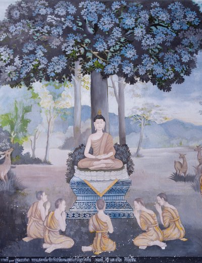 Fresco die een scène uit het leven van Boeddha afbeeldt, Wat Phra That Doi Suthep-tempel door School Thai
