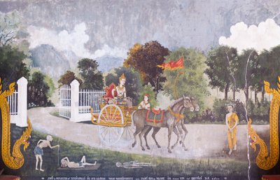 Fresco die een scène uit het leven van Boeddha uitbeeldt, Wat Phra That Doi Suthep tempel door School Thai