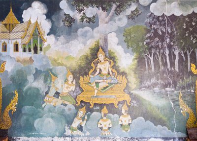 Fresco met een scène uit het leven van Boeddha, Wat Phra That Doi Suthep tempel door School Thai