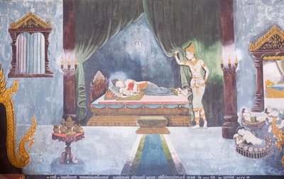 Fresco met een scène uit het leven van Boeddha, Wat Phra That Doi Suthep tempel door School Thai