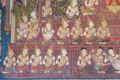 Muurschilderingen in de Buddhaisawan-kapel die de vieringen van het koninklijk huwelijk van de ouders van de Bodhisattva, koning Suddhodana van de Sakya-clan en prinses Mahamaya, uitbeelden door School Thai