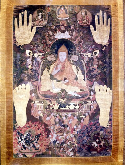 Blo Bzang Rgya ktso, de vijfde Dalai Lama, de meest illustere en belangrijke in de geschiedenis. Tibetaanse thangka, Guimet Museum, Parijs door School Tibetan