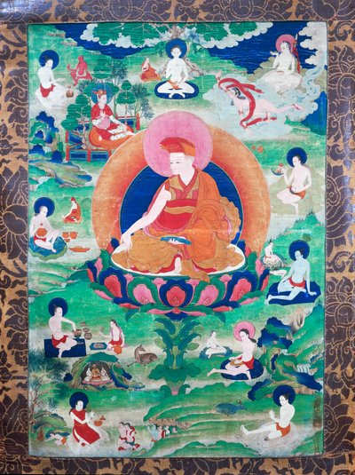 De Lama Rje-grags Rtod Iha-pa-pa-wang Graps met halo en omringd door talrijke mahasiddha (yogi
