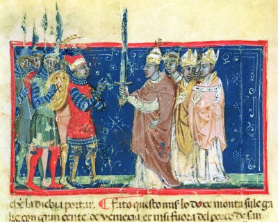 Codex Correr I 383 Paus Alexander III (1105-81) presenteert het zwaard aan Doge Sebastiano Ziani (perkament) door School Venetian