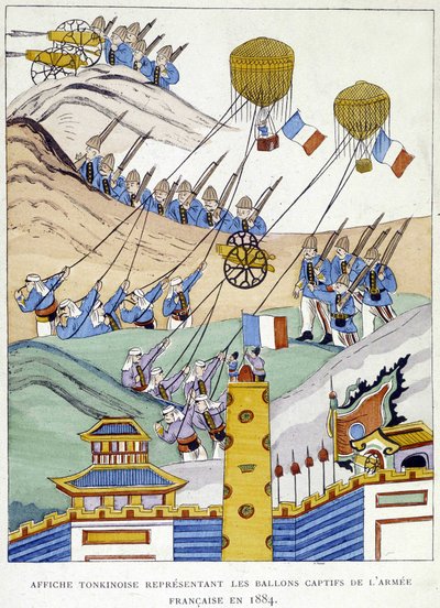 Tonkinese poster die de gevangengenomen ballonnen van het Franse leger in 1884 afbeeldt door School Vietnamese