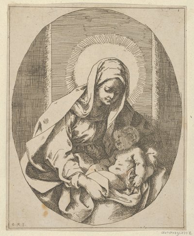 De Maagd met het Christuskind op haar schoot, een ovale compositie, naar Reni, 1620-50 door School of Guido Reni