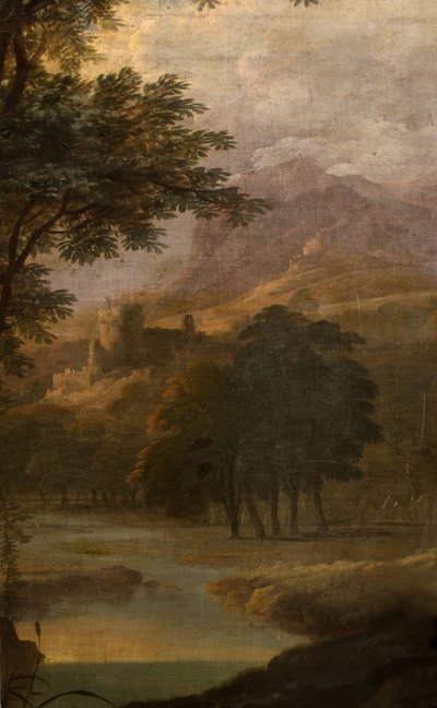 Landschap met kasteel in de verte door School of Jacques Rousseau