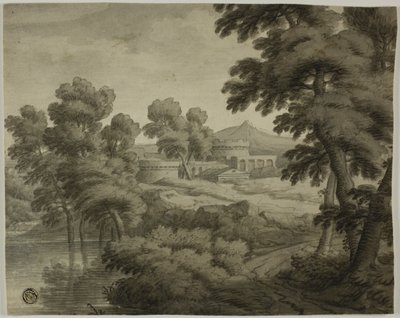 Italianiserend landschap met kasteel, bomen en water op de voorgrond door School of Nicolas Poussin