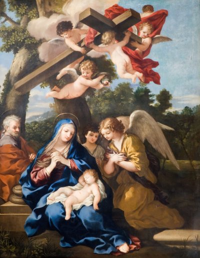 De Heilige Familie met engelen door School of Pietro Cortona