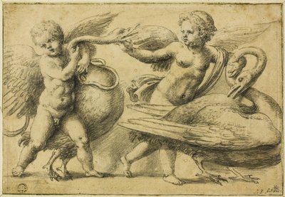 Putti spelen met zwanen door School of Raphael