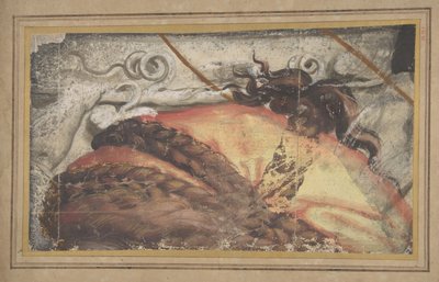 Fragment van een wandtapijt: De bovenkant van het hoofd van een vrouw met gevlochten haar over een doek door School of Raphael.