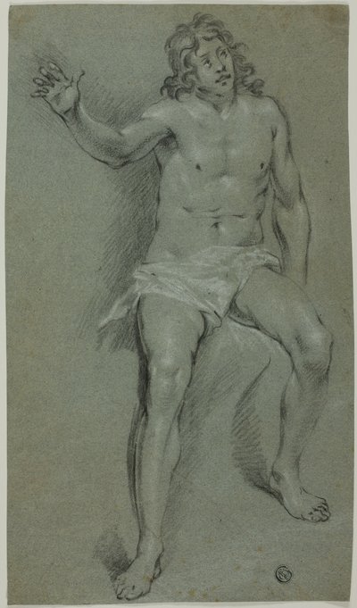 Zittend mannelijk naakt (recto); schetsen van hand en jongenskop (verso) door School of Rembrandt van Rijn