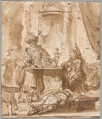 De vernedering van Haman voor Ahasveros en Esther door School of Rembrandt van Rijn