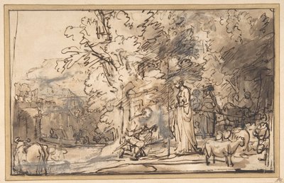 De ontmoeting van Jacob en Rachel bij de bron, 1640-49 door School of Rembrandt van Rijn
