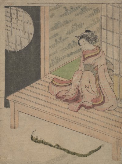 Een Jonge Vrouw Zittend op de Engawa van een Huis door School of Suzuki Harunobu