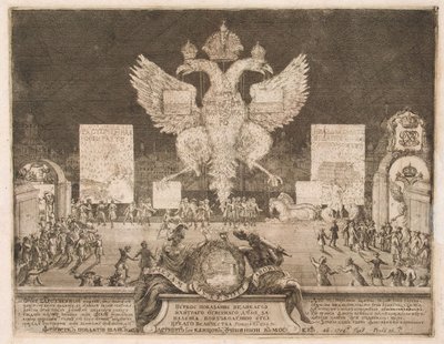 Vuurwerk in Moskou op 1 januari 1704 ter gelegenheid van de verovering van het Zweedse fort Nyenskans, 1705 door Schoonebeek