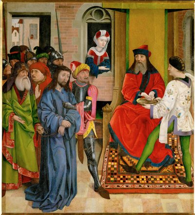 Jezus voor Pilatus (schilderij op hout) door Schottenaltar Master