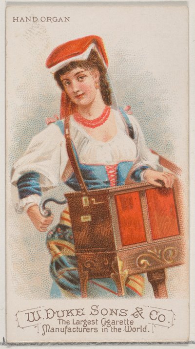 Draaiorgel, uit de serie Muziekinstrumenten N82 voor Duke sigaretten door Schumacher and Ettlinger
