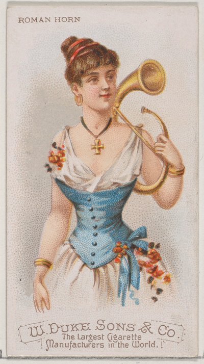 Romeinse Hoorn, uit de serie Muziekinstrumenten N82 voor Duke merk sigaretten, 1888 door Schumacher and Ettlinger