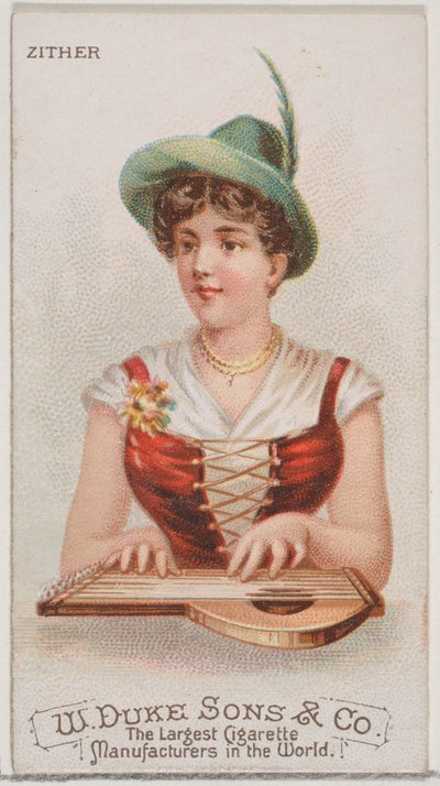Zither, uit de serie Muziekinstrumenten N82 voor Duke sigaretten, 1888 door Schumacher and Ettlinger