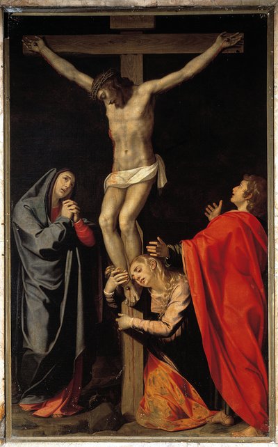 Kruisiging met maagd, Sint Maria Magdalena, Sint Johannes de evangelist door Scipione Pulzone