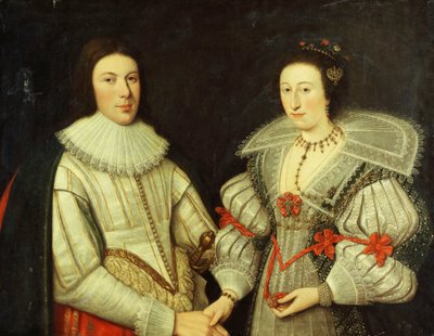 Een Groepsportret van een Heer, halflang, in een Witte Dubbel en Kraag, en zijn Vrouw, in een Witte en Groene Jurk, Waaierkraag en Gouden Ketting door Scottish School