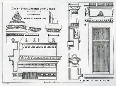 Architectonische details van Griekse kamers, 336-356 Sauchiehall Street, Glasgow, ontworpen door Alexander Greek Thomson, 1869 door Scottish School