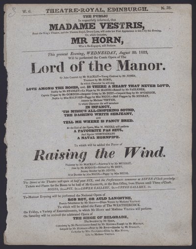 Theaterprogramma voor het Theatre Royal, Edinburgh, 20 augustus 1823 door Scottish School