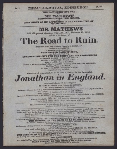 Theaterprogramma voor het Theatre Royal, Edinburgh, 29 december 1825 door Scottish School