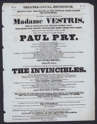 Theaterprogramma voor het Theatre Royal, Edinburgh, 5 oktober 1829 door Scottish School