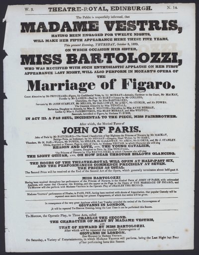 Theaterprogramma voor het Theatre Royal, Edinburgh, 8 oktober 1829 door Scottish School