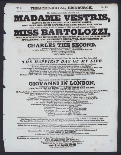 Theaterprogramma voor het Theatre Royal, Edinburgh, 9 oktober 1829 door Scottish School