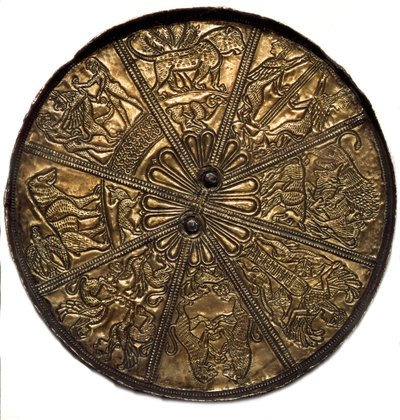 Scythische kunst: zilveren spiegel bedekt met goud uit de grafheuvel nr. 4 van Kelermes, Krasnodar regio in Rusland (650-620), 7e eeuw v.Chr. Sint-Petersburg, Hermitage Museum door Scythian