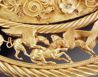 Griffioenen vallen een paard aan, detail van een gouden borstplaat uit Tovsta Mohyla, Scythisch, 4e eeuw v.Chr. door Scythian