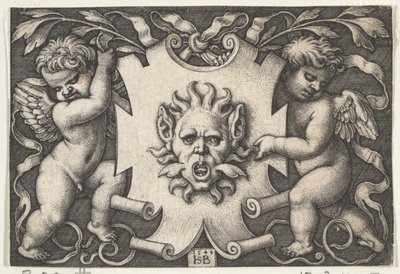 Een Masker op een Wapenschild Ondersteund door Twee Genii, 1544 door Sebald Beham