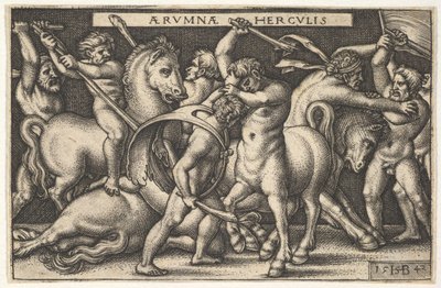 Hercules met zijn knuppel in het midden vechtend tegen een centaur, andere mannen vechten tegen centauren links, 1542 door Sebald Beham