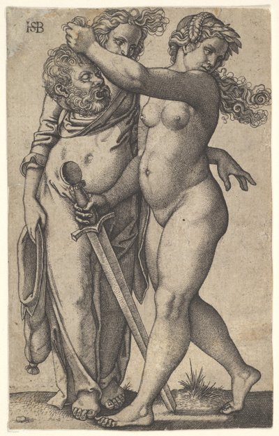 Judith loopt naar links met het hoofd van Holofernes in haar rechterhand en een zwaard, ca. 1530-50 door Sebald Beham